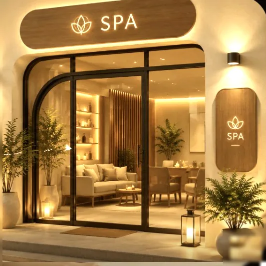 Cửa spa với ánh đèn ấm